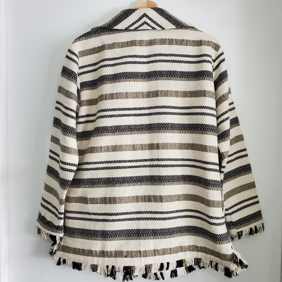 Scotch And Soda Medium Jacket Open Front Cotton Coat Neutral Stripes Boho Fringe - Picture 8 of 16